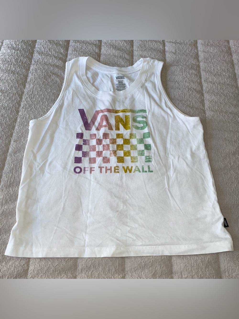 Vans White Woman’s Tank with Rainbow Checkerboard Logo